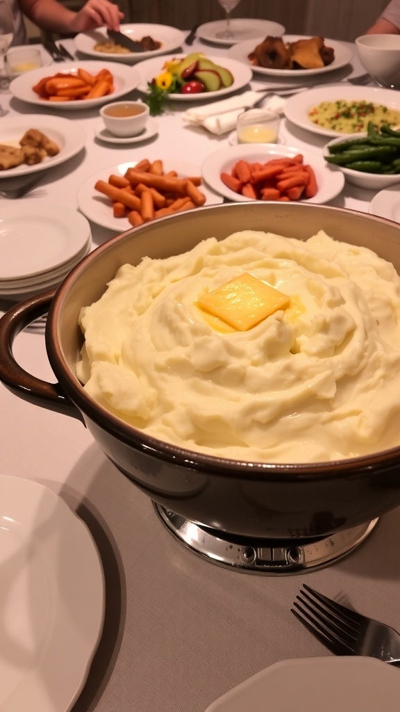 A bowl of creamy mashed potatoes with butter on top, set on a festive dining table.